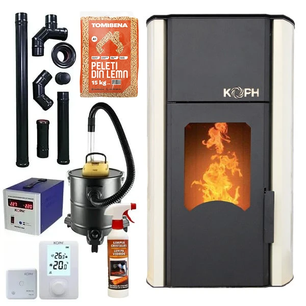 pachet-koph-30kw Pachet termosemineu cu peleti KOPH PM 30 kW, 200 mp, buncar peleti 30 kg, diametru cos fum ⌀80 mm, pompa recirculare si vas expansiune incorporate, Crem - imagine 1