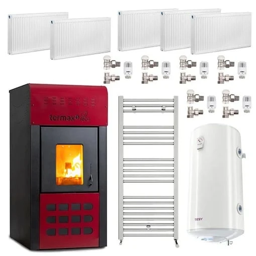 pachet-termosemineu-25kw-5 Pachet complet termosemineu pe peleti Termax Kamin ECO 25 kW, pompa de reciculare si vas expansiune inclus, 6 calorifere, boiler termoelectric 100 litri si 6 seturi robineti - imagine 1